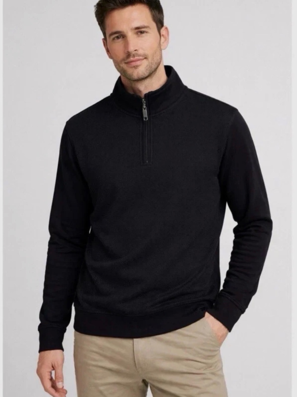 TED BAKER QUARTER ZIP PULLOVER SWEATSHIRT BLACK SIZE LARGE TEXTURED FRONT